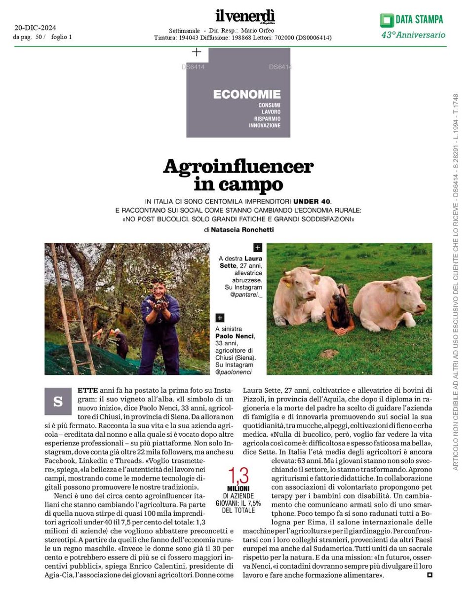 Su <a href="/ilvenerdi/">Il Venerdì di Repubblica</a> di <a href="/repubblica/">Repubblica</a> gli #agrinfluencer di #Agia-<a href="/Cia_Agricoltura/">Cia-Agricoltori Italiani</a> 👩‍🌾📲
Da #LauraSette a <a href="/paolonenci/">Paolo Nenci</a> il racconto di un'#agricoltura capace di cambiare ed evolversi anche attraverso i #social e, soprattutto, la spinta dei #giovani🍃👨‍💻
Le storie 👇

<a href="/follower/">follower</a>