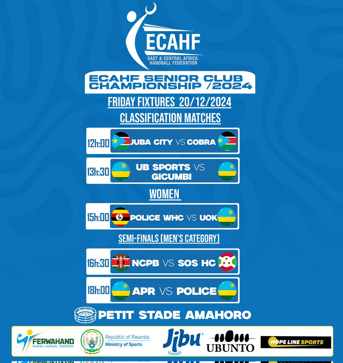 Rwanda_Sports's tweet photo. The #ECAHFHandball Championship features both classification matches and semi-finals today!
๐ Venue: Petit Stade Amahoro
๐๏ธ Entry: Free
Don't miss the excitement as teams battle for glory and rankings! ๐๐ https://t.co/aRZUbc0pej