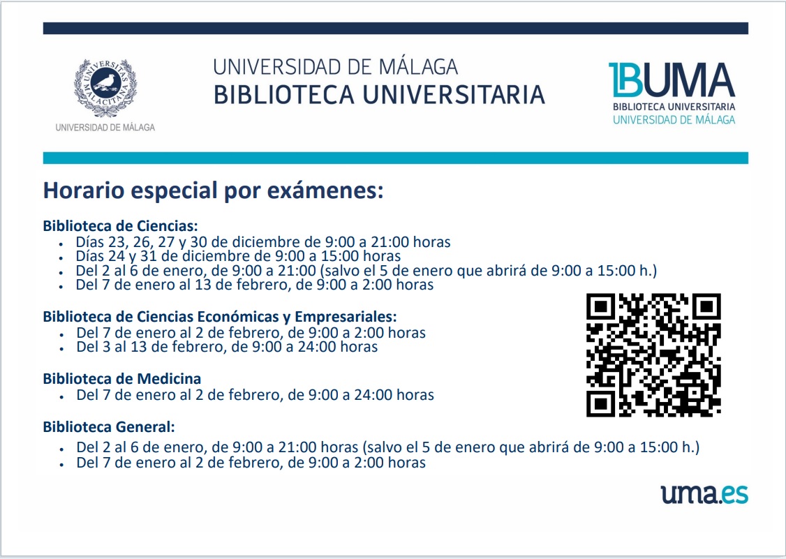 Biblioteca_UMA (@biblioteca_uma) on Twitter photo RECUERDA: puedes venir a estudiar a la Biblioteca de Ciencias que está abierta por el HORARIO ESPECIAL POR EXÁMENES. Aquí tienes toda la información: uma.es/ficha.php?id=6… <a href="/InfoUMA/">Universidad de Málaga</a> 🥳🎄🌟🥳 RECUERDA: puedes venir a estudiar a la Biblioteca de Ciencias que está abierta por el HORARIO ESPECIAL POR EXÁMENES. Aquí tienes toda la información: uma.es/ficha.php?id=6… <a href="/InfoUMA/">Universidad de Málaga</a> 🥳🎄🌟🥳