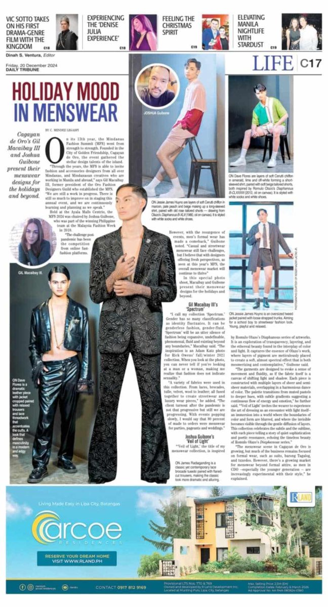 joshuaNguibone's tweet photo. The Philippine Daily Tribune Features Holiday Mood in Menswear with Top Cagayan de Oro Designers', Gil Macaibay III and Joshua N. Guibone
Full Online Article - https://t.co/EvVh7sGtRg
#joshuanguibonefashiondesign #OFDG #fashion #fashiondesigner https://t.co/ACJFQyjZFw