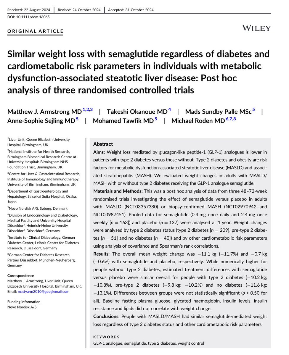 People with diabetes tend to lose less weight with GLP-1 analogues, but those with MASLD/MASH have similar weight loss with semaglutide regardless of type 2 diabetes status. #MASH #MASH 
…ubs.pericles-prod.literatumonline.com/doi/10.1111/do…