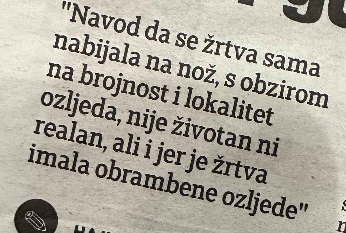 SBlazekovic's tweet photo. Crni humor ovaj petak: netko se na sudu stvarno branio tako da je objašnjavao da se žrtva sama nabijala na nož. Sedam puta.
Wtf??? https://t.co/FGBdKwIKho