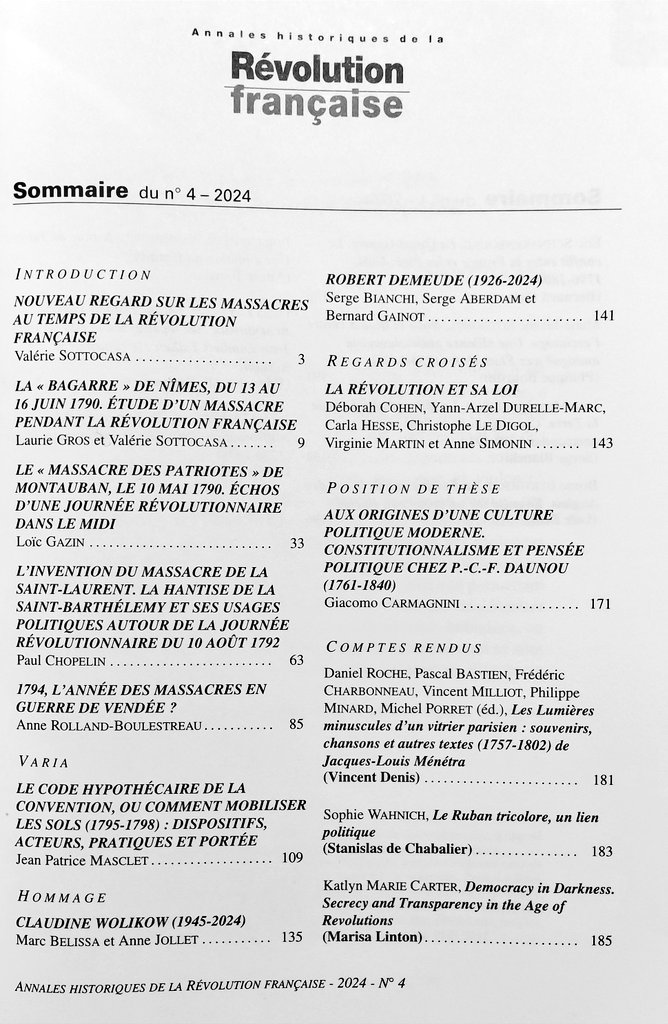Annales Historiques de la Révolution française (@ahrfrevue) on Twitter photo Parution de notre n° 2024-4, avec un mini-dossier sur "les massacres au temps de la Révolution française", un article de varia sur le code hypothécaire de 1795, un débat historiographique sur la loi, des hommages et des comptes rendus. À retrouver bientôt sur <a href="/Cairninfo/">Cairn.info</a>. Parution de notre n° 2024-4, avec un mini-dossier sur "les massacres au temps de la Révolution française", un article de varia sur le code hypothécaire de 1795, un débat historiographique sur la loi, des hommages et des comptes rendus. À retrouver bientôt sur <a href="/Cairninfo/">Cairn.info</a>.