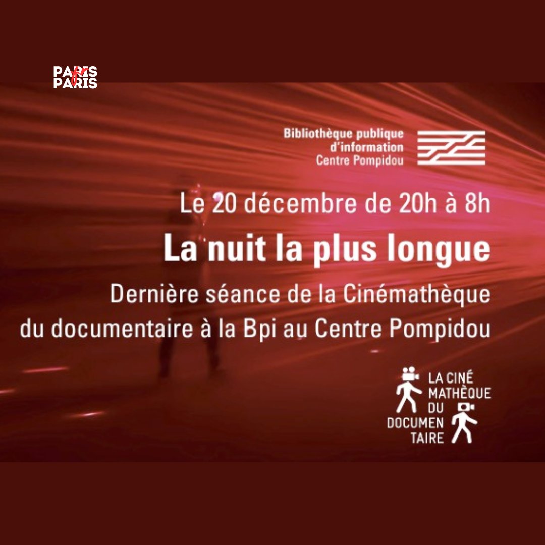 #ÀNePasRater. Rendez-vous vendredi 20 décembre pour une nuit documentaire exceptionnelle à l'occasion de la dernière séance de la Cinémathèque documentaire à la <a href="/Bpi_Pompidou/">Bibliothèque publique d'information</a> au <a href="/CentrePompidou/">Centre Pompidou</a>. Une programmation inédite de 24 films, de 20h à 8h du matin.