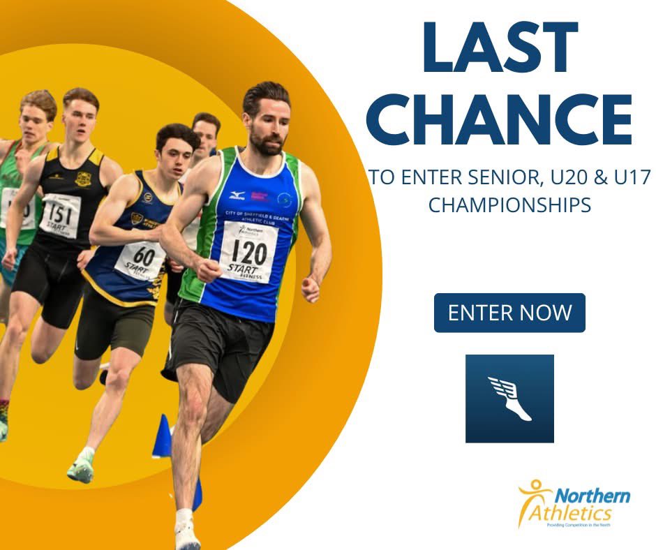 Final chance to enter our Senior, U20 and U17 indoor championships! Entries close TODAY so make sure you get them in asap! 

meets.rosterathletics.com/public/competi…

#northernathletics #northernathlete #athletics #trackandfield #tracknation #northernathleticschamps #northernathletics2024