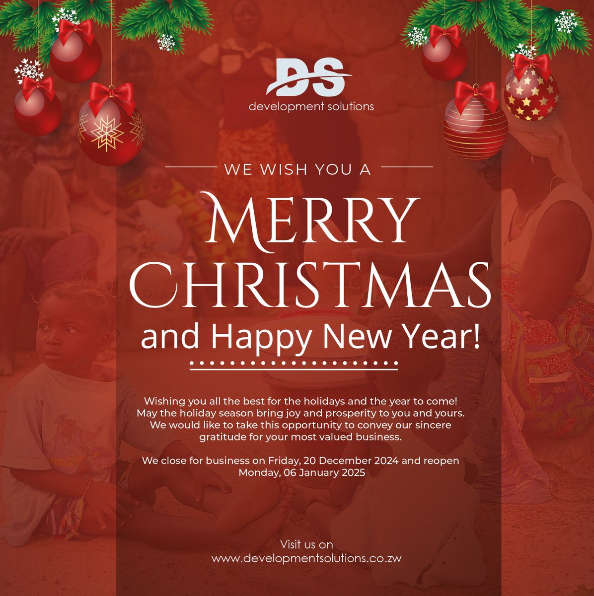 DevelopmentSol7's tweet image. 🎄🎄Wishing you all the best for the #festiveseason and the year to come!

We would like to take this opportunity to convey our sincere gratitude for your most valued business.

Visit us on
developmentsolutions.co.zw

#community #development #merrychristmas #festiveseason