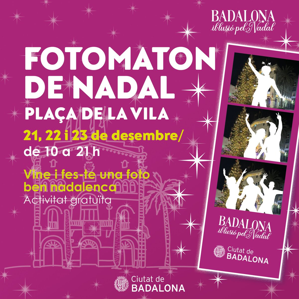 🎄 Del 21 al 23 de desembre, de 10 a 21h, vine a fer-te fotos gratuïtes amb la Casa de la Vila i l'arbre de Nadal a la plaça de la Vila! 🏛️✨

📸 Rebràs al moment una tira vertical amb tres fotografies. 

Us hi esperem! 🌟

 #Nadal2024 #BadalonaNadal #FotomatonNadal 🎅