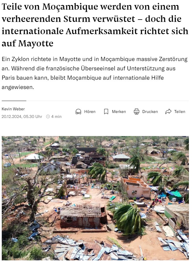 Zyklon #Chido hat in #Mosambik verheerende Schäden angerichtet, fast 200'000 Menschen sind betroffen. Doch die internationale Aufmerksamkeit fehlt, sagt Ben Blumenthal von Helvetas gegenüber <a href="/NZZ/">NZZ</a>.
