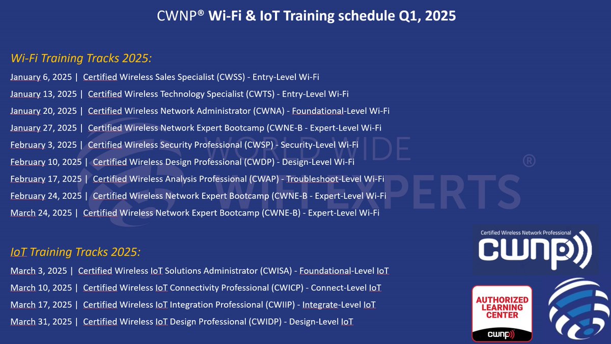WWW_Experts's tweet image. @WWW_Experts a worldwide major player in “real-world&quot; Wi-Fi / IoT industry knowledge has released @CWNP training course schedule for Q1, 2025.

Explore more: 
tinyurl.com/yc5zyj3u
tinyurl.com/mr2v96y9

#cwnp #wifi #iot #training #learning #certifications