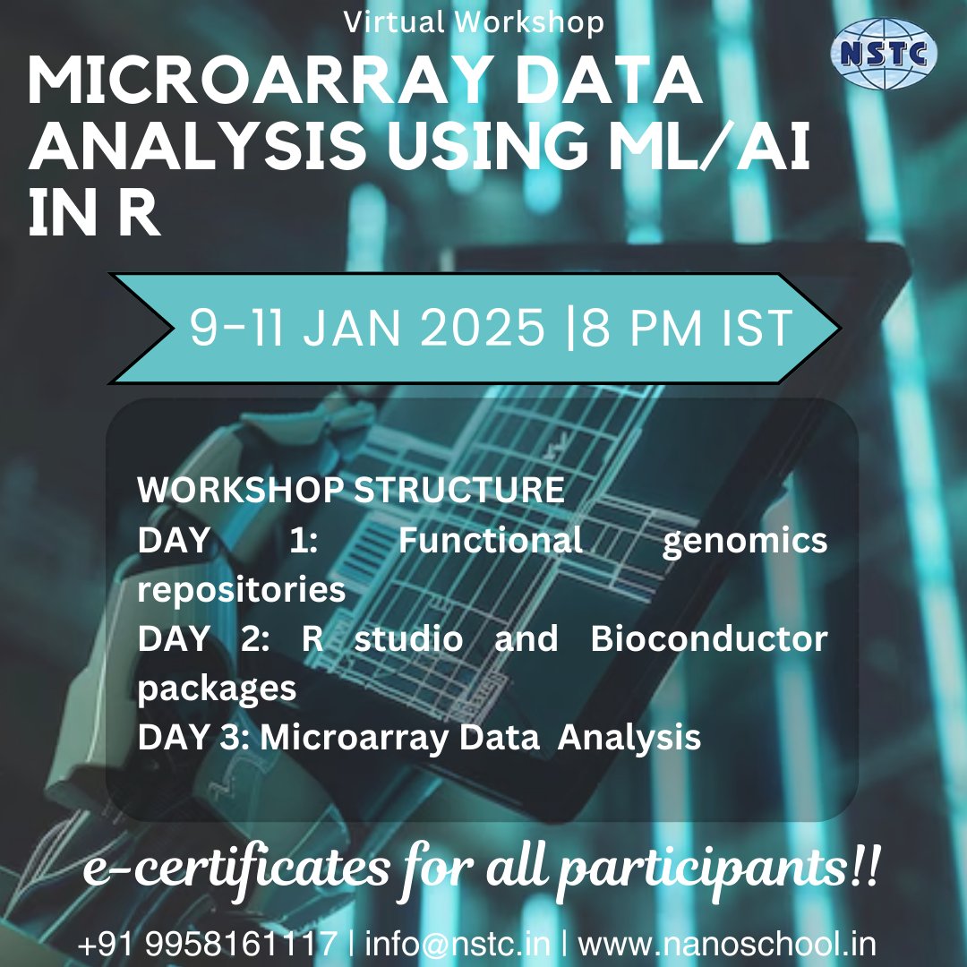 ITBreakCom's tweet image. Workshop on Analysis of Microarray Data using Machine Learning/AI in R
📅 Dates: January 9-11, 2025
⏰ Time: 8:00 PM IST
💻 Mode: Online
🔗 Register Now: nanoschool.in/enroll-me/?pid…
🔗 Know More: nanoschool.in/biotechnology/…
#MicroarrayAnalysis #MachineLearningInR #BioinformaticsWorkshop