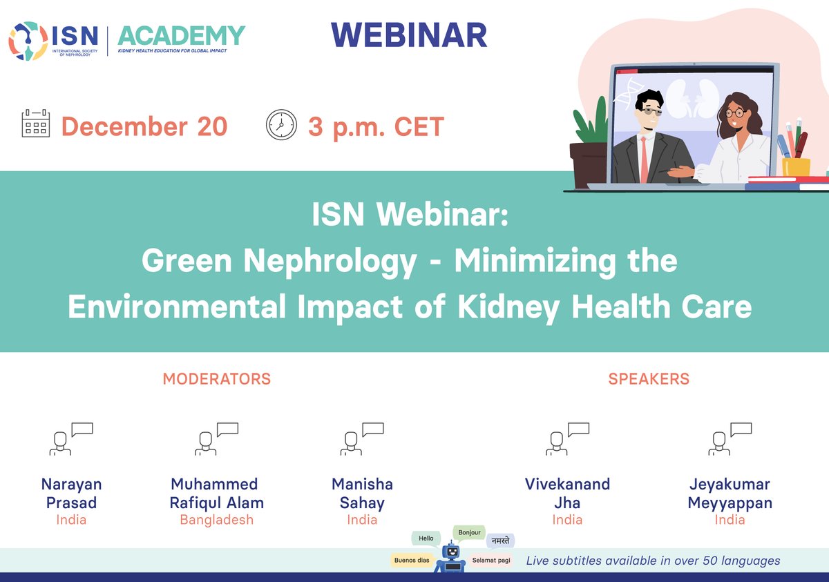 Int Society of Nephrology (@isnkidneycare) on Twitter photo 𝗧𝗢𝗗𝗔𝗬: ISN webinar: "#GreenNephrology: minimizing the environmental impact of kidney health care."
🗣️ <a href="/vjha126/">Vivekanand Jha | विवेकानन्द झा</a>, <a href="/meyyappannephro/">Jeyakumar Meyyappan</a>
👤 <a href="/Narayansgpgims/">Narayan Prasad</a>, Muhammed Rafiqul Alam, <a href="/drmanishasahay/">Dr Prof Manisha Sahay</a>
🗓️ December 20
🕒 3 pm CET
🔗 Free registration: ow.ly/VZeU50Uq7fm 𝗧𝗢𝗗𝗔𝗬: ISN webinar: "#GreenNephrology: minimizing the environmental impact of kidney health care."
🗣️ <a href="/vjha126/">Vivekanand Jha | विवेकानन्द झा</a>, <a href="/meyyappannephro/">Jeyakumar Meyyappan</a>
👤 <a href="/Narayansgpgims/">Narayan Prasad</a>, Muhammed Rafiqul Alam, <a href="/drmanishasahay/">Dr Prof Manisha Sahay</a>
🗓️ December 20
🕒 3 pm CET
🔗 Free registration: ow.ly/VZeU50Uq7fm