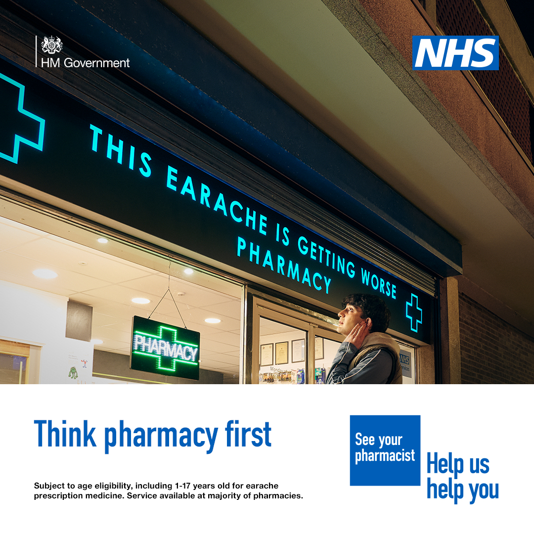 Earache? Your pharmacist can now provide treatment or some prescription medicine, if needed, for seven common conditions, without you seeing a GP.

Think pharmacy first.

orlo.uk/EWGie