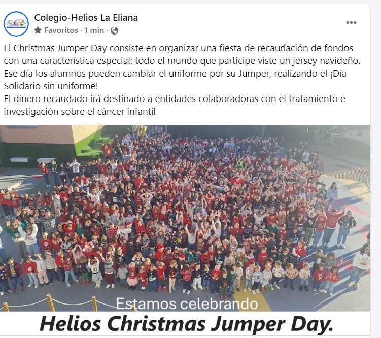 Christmas Jumper Day
 ¡Día Solidario sin uniforme!
El dinero recaudado irá destinado a entidades colaboradoras con el tratamiento e investigación sobre el cáncer infantil-