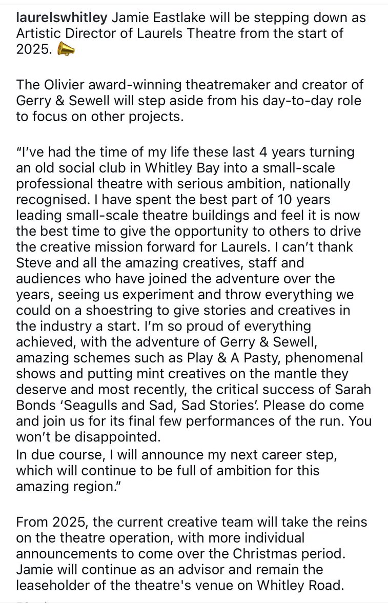 Laurels (@laurelswhitley) on Twitter photo Artistic Director <a href="/jamieeastlake/">Jamie Eastlake</a> will step down from Laurels Theatre from the start of 2025. 📣 Artistic Director <a href="/jamieeastlake/">Jamie Eastlake</a> will step down from Laurels Theatre from the start of 2025. 📣