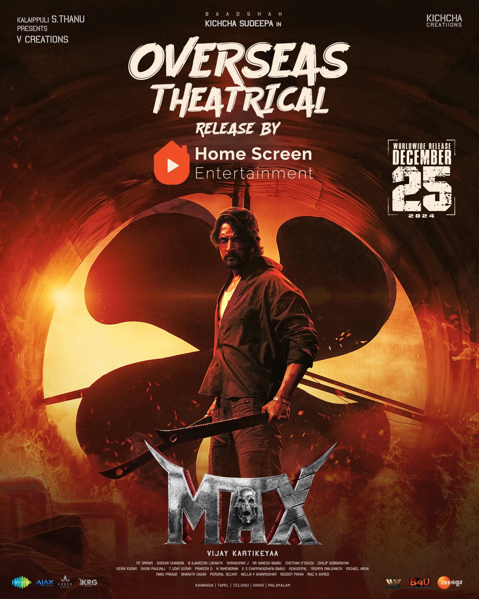 homescreenent's tweet photo. Excited to bring #Max to the overseas big screens! Get ready for a cinematic experience from December 25!💥🍿🎥

#MaxFromDec25 

@KicchaSudeep @varusarath @samyuktahornad @WAGLESUKRUTHA @suneeltollywood #VijayKarthikeyaa @Kichchacreatiin @theVcreations @AJANEESHB @shekarchandra71 @saregamasouth #saregamakannada @ZeeKannada @KRG_Connects @B4UMotionPics @Max_themovie
#Kichcha46 #Kiccha46