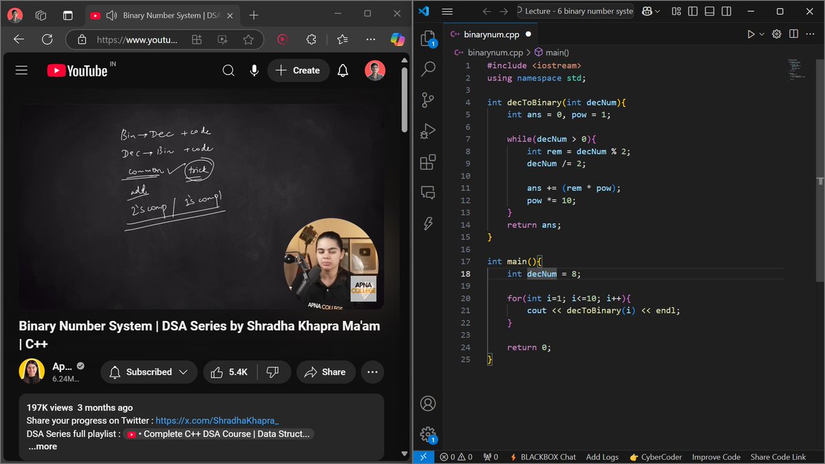 Piyush_regar_'s tweet image. Day 6 of my DSA journey ✅

Completed Lecture 6 on the Binary Number System today! 🧮✨Understanding the foundation of how computers think in 0s and 1s. Feeling excited to dive deeper into bit-level operations! 💻🚀

#DSA #C++ #BinaryNumbers #CodingJourney #Day6 #ApnaCollegeDSA