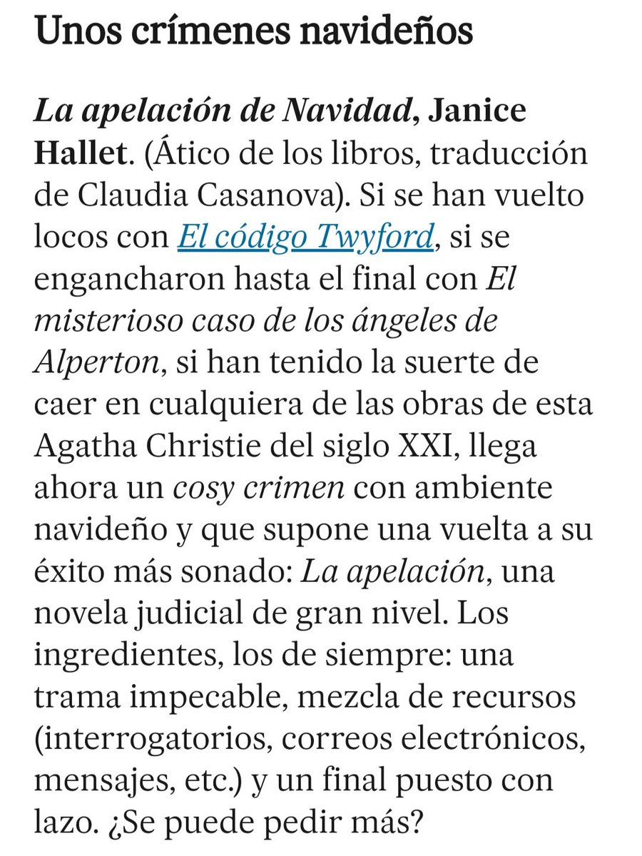 Ático de los Libros (@aticolibros) on Twitter photo Muy contentos de que "La apelación de Navidad" de <a href="/JaniceHallett/">Janice Hallett</a> esté entre las recomendaciones de las mejores novelas negras para regalar esta Navidad por <a href="/el_pais/">EL PAÍS</a> 📚🎄
elpais.com/cultura/elemen…
#ÁticodelosLibros #Navidad <a href="/udllibros/">Udl Libros</a> Muy contentos de que "La apelación de Navidad" de <a href="/JaniceHallett/">Janice Hallett</a> esté entre las recomendaciones de las mejores novelas negras para regalar esta Navidad por <a href="/el_pais/">EL PAÍS</a> 📚🎄
elpais.com/cultura/elemen…
#ÁticodelosLibros #Navidad <a href="/udllibros/">Udl Libros</a>
