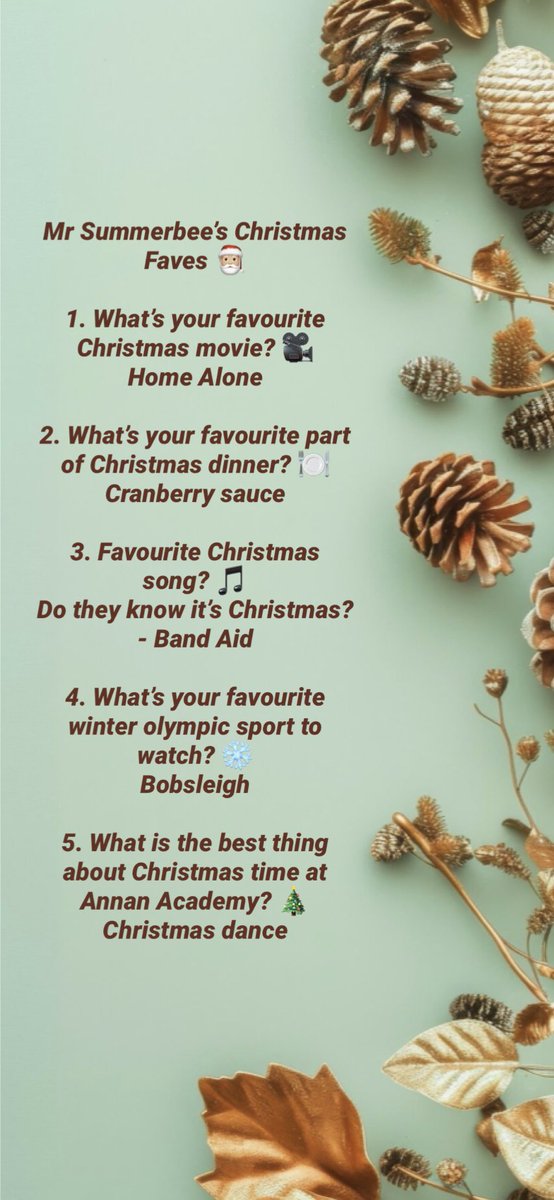 Miss Gardiner’s and Mr Summerbee’s Christmas Faves 🎅🏼

We hope everyone has a fantastic Christmas and new year!! 

See you all in 2025 🌟

<a href="/MissGardinerPE/">Miss Gardiner</a> <a href="/MrSummerbeePe/">Mr Summerbee</a>