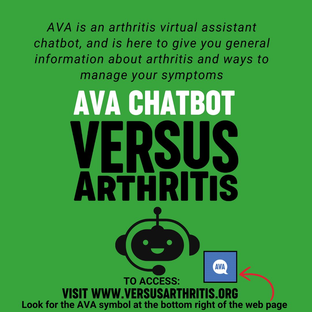 ✨ Need Arthritis Support Over The Christmas Period? Meet AVA! 🤖

While our Helpline is closed (24th Dec–2nd Jan), AVA is here 24/7 to help with:
💊Pain management
📹Exercise
🦵Arthritis info
🌟Young people’s support

Visit versusarthritis.org &amp; look for the AVA symbol.