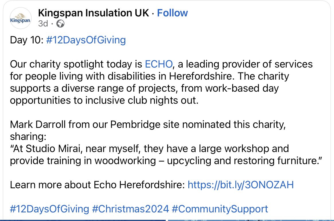 Echo Herefordshire (@whatechosays) on Twitter photo ECHO is delighted to be included in local company <a href="/KingspanIns_UK/">Kingspan Insulation</a> 12 Days of Giving. We would like to thank Kingspan for their continued support and look forward to working with them in 2025! ECHO is delighted to be included in local company <a href="/KingspanIns_UK/">Kingspan Insulation</a> 12 Days of Giving. We would like to thank Kingspan for their continued support and look forward to working with them in 2025!