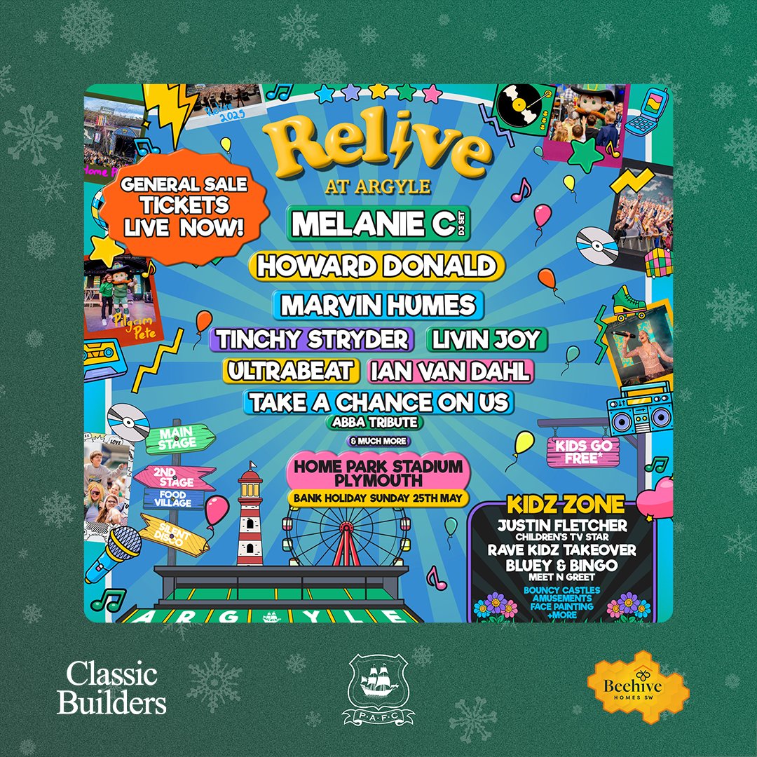 A Classic Argyle Christmas - in partnership with <a href="/ClassicSWLtd/">Classic Builders SW Ltd</a>! 💚🎄

It's Day 8 - and we're giving away a pair of tickets to Relive at Argyle in May 🎶

To enter, just share this post!