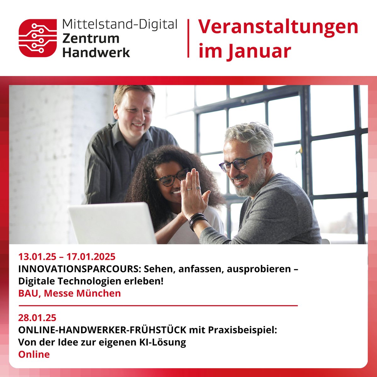 Besucht Mitte Januar 2025 unseren #Innovationsparcours in München und probiert KI-Tools selbst, die die Arbeit im Betrieb verbessern. 🚀

Erfahrt am 28.01. online, wie ein Handwerksmeister mit einer eigenen #KI-Lösung jährlich 140.000 € einspart. 💡

handwerkdigital.de/Veranstaltungen