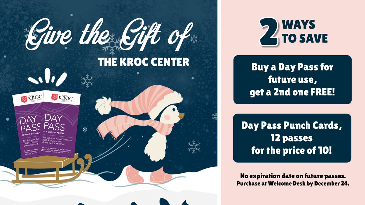 🎁 HOLIDAY SPECIAL: Buy One, Get One FREE Day Passes!
Choose your deal: ✨ Buy a Day Pass, get one FREE OR ✨ Grab a Punch Card: 12 passes for the price of 10!
The best part? No expiration date! Grab these deals at our Welcome Desk before Dec 24. #KrocDeals #PerfectGift