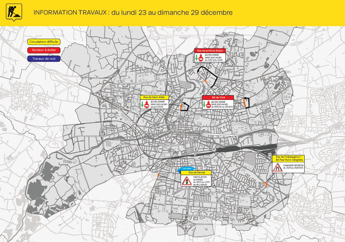 🟢[Circuler à #Rennes du 23 au 29 décembre]
Les travaux en mode pause pour la semaine prochaine.
Retrouvez la météo des travaux > travaux.rennesmetropole.fr/meteo-travaux/