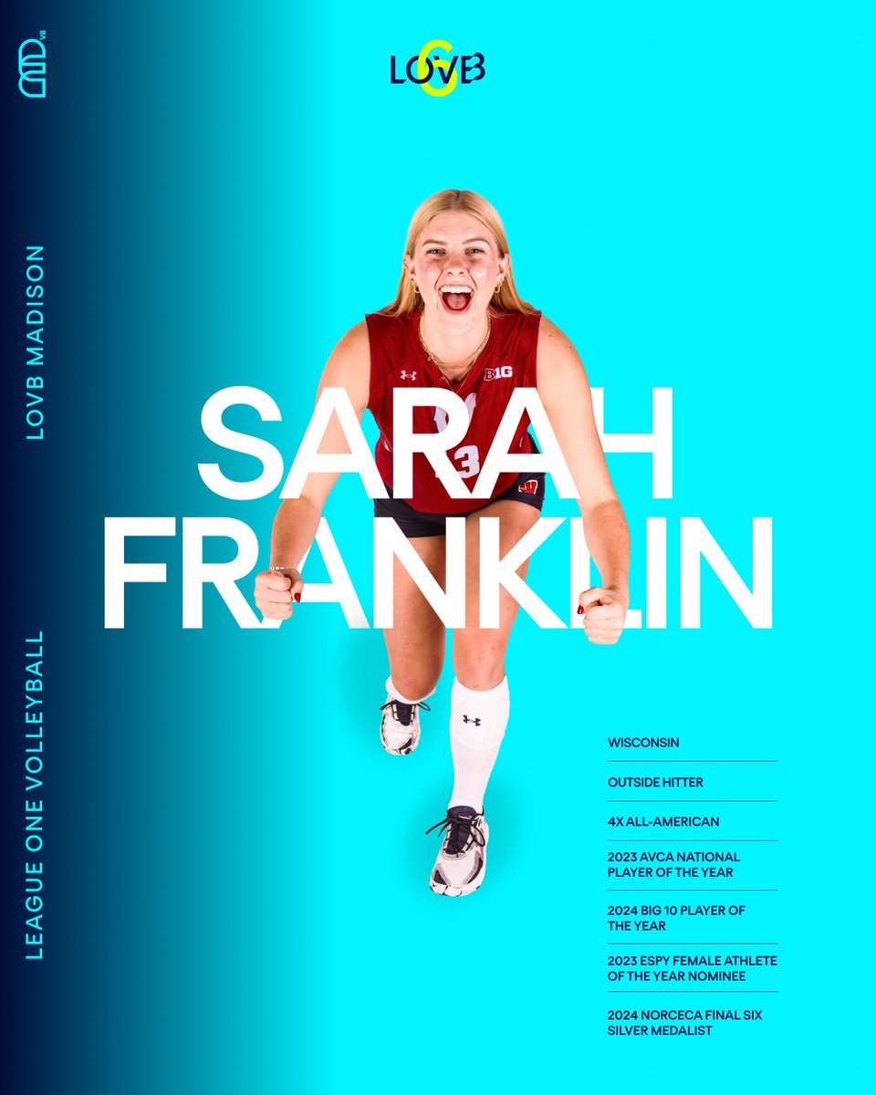 LOVB Madison Volleyball (@lovbmad) on Twitter photo She’s not going anywhere 😌 We’re THRILLED to add Sarah Franklin to the LOVB MAD roster. Sarah is a <a href="/BadgerVB/">Wisconsin Volleyball</a> 4x All-American, 2023 AVCA National Player of the Year, 2024 Big 10 Player of the Year, and 2023 NORCECA Final Six Silver Medalist. Let’s welcome Sarah to the team! 🩵 She’s not going anywhere 😌 We’re THRILLED to add Sarah Franklin to the LOVB MAD roster. Sarah is a <a href="/BadgerVB/">Wisconsin Volleyball</a> 4x All-American, 2023 AVCA National Player of the Year, 2024 Big 10 Player of the Year, and 2023 NORCECA Final Six Silver Medalist. Let’s welcome Sarah to the team! 🩵
