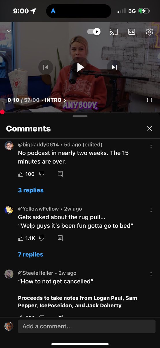 If you want a good laugh go read the comments on “hawk tuah” girl hailey welch podcast on youtube. Her last video was “how not to get cancelled”. Irony. <a href="/phaltron/">Phaltron The Mastermind 🧠</a>