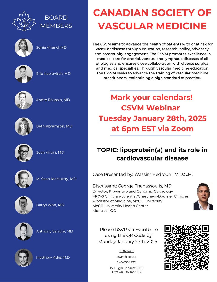 Canadian Society of Vascular Medicine (@csvm_ccs) on Twitter photo Join us in the new year in an exciting session on Lp(a) and cardiovascular disease featuring expert <a href="/ThanassoulisMD/">George Thanassoulis</a>
Link below 👇
eventbrite.ca/e/canadian-soc…
<a href="/SCC_CCS/">CCS</a> <a href="/DrSoniaAnand1/">Dr. Sonia Anand</a> <a href="/kaplovitch/">Eric Kaplovitch</a> Join us in the new year in an exciting session on Lp(a) and cardiovascular disease featuring expert <a href="/ThanassoulisMD/">George Thanassoulis</a>
Link below 👇
eventbrite.ca/e/canadian-soc…
<a href="/SCC_CCS/">CCS</a> <a href="/DrSoniaAnand1/">Dr. Sonia Anand</a> <a href="/kaplovitch/">Eric Kaplovitch</a>