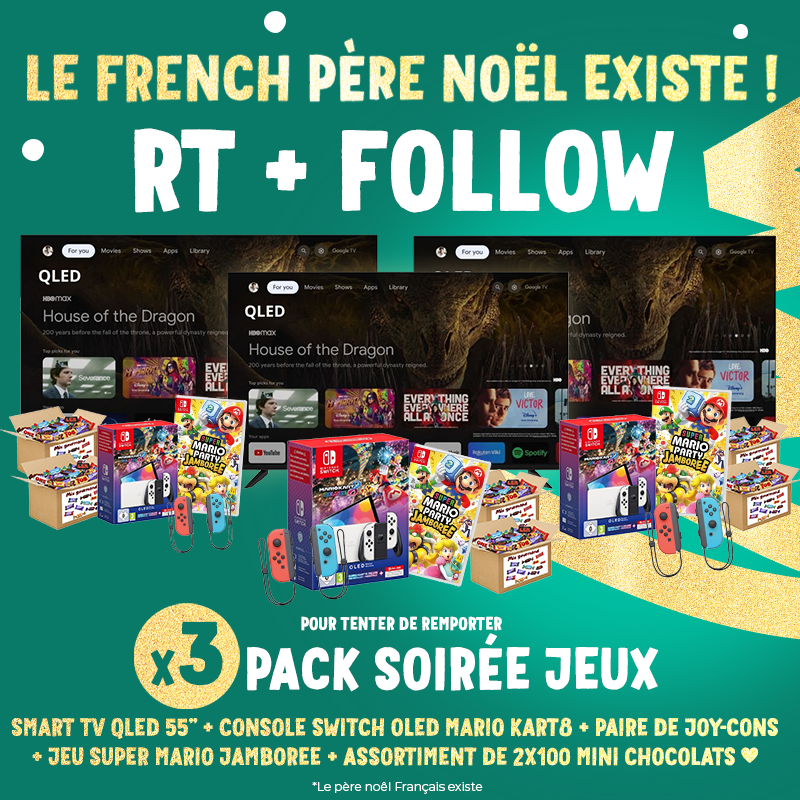 Cdiscount Gaming (@cdiscountgaming) on Twitter photo 🎁 CONCOURS Ho Ho Ho #4
#LEFRENCHPERENOEL va animer ta prochaine soirée en beauté ! 🎅🎵
3 gagnants repartiront avec le pack soirée jeux 🕹📺
1 TV QLED + Console + 2 jeux (+Joy-Cons)
Pour tenter ta chance :
✔️ RT + FOLLOW
<a href="/CdiscountGaming/">Cdiscount Gaming</a>
⌛ TAS le 24/12 🎁 CONCOURS Ho Ho Ho #4
#LEFRENCHPERENOEL va animer ta prochaine soirée en beauté ! 🎅🎵
3 gagnants repartiront avec le pack soirée jeux 🕹📺
1 TV QLED + Console + 2 jeux (+Joy-Cons)
Pour tenter ta chance :
✔️ RT + FOLLOW
<a href="/CdiscountGaming/">Cdiscount Gaming</a>
⌛ TAS le 24/12
