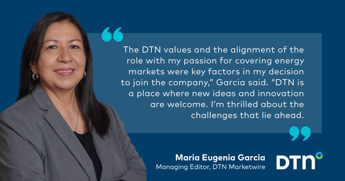 DTNMarkets's tweet photo. We're thrilled to welcome Maria Eugenia Garcia as the managing editor of the DTN Marketwire editorial team. Read about Maria & how her professional experience aligns with & adds to DTN expertise: https://t.co/tDTsnboQ4C
#LifeAtDTN #OneDTN #markets #fuelmarkets #energy https://t.co/9r06iwocvr