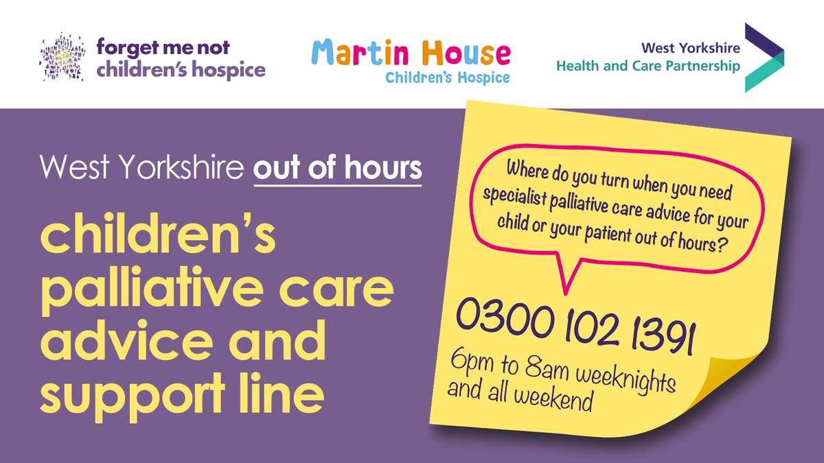 New out-of-hours advice line for people caring for children and young people in West Yorkshire with life-limiting illness now live.

Open 6pm - 8am weekdays and all weekend, call 0300 102 1391.