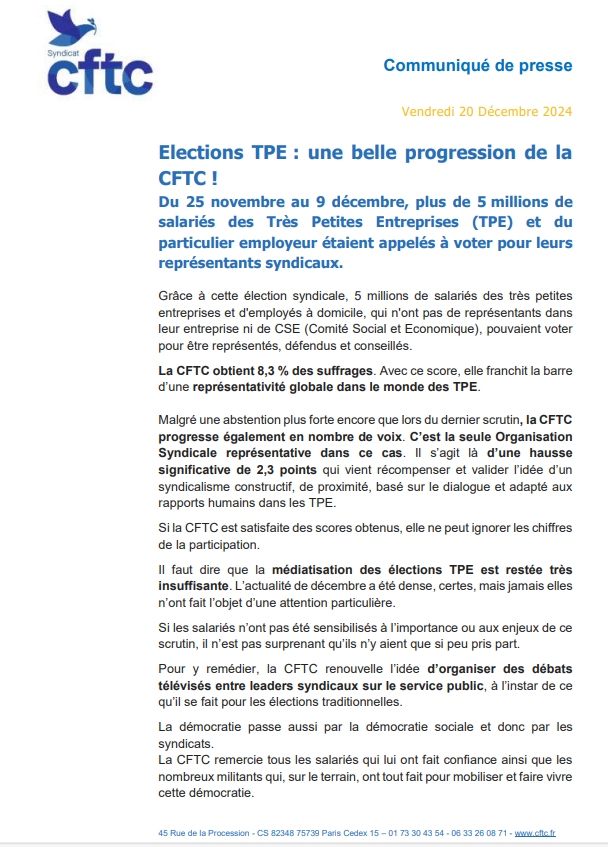 Je suis fier de mes équipes et des militants qui ont fait une campagne de terrain et ont réussi à faire progresser la CFTC. 👏👏👏

Malgré une abstention toujours trop forte et un scrutin trop peu médiatisé,  nous avons gagné des voix par rapport au scrutin précédent.