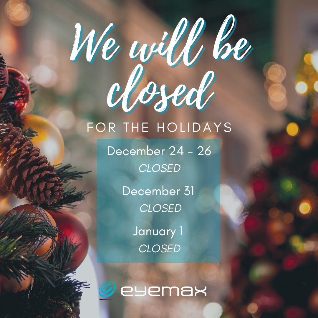 EyeMaxGroup's tweet image. ✨ Holiday Hours ✨
Eyemax will be closed December 24th-26th and December 31st-January 1st for the holidays. We’ll be back on January 2nd!
Wishing you a wonderful holiday season! 🎉🌟

#HolidayHours #HappyHolidays #Eyemax #EyemaxRefractiveGroup #Ophthalmology
