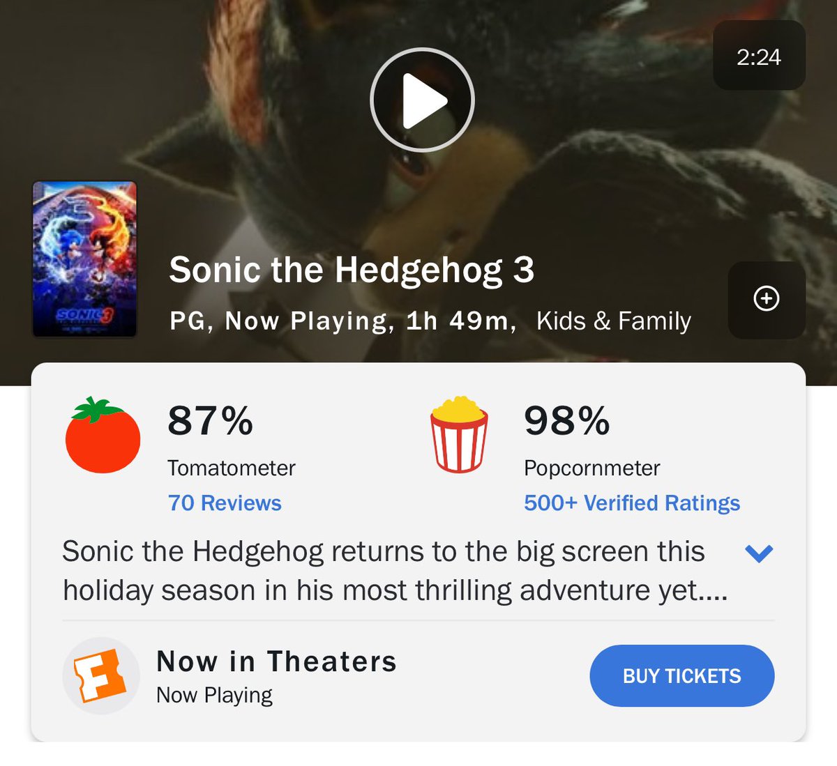 HollywoodHandle's tweet photo. ‘SONIC 3’ debuts with a 98% Audience Score on Rotten Tomatoes 🍅 

Read our review: https://t.co/76pGW9kjGC https://t.co/JzaGugyJsr