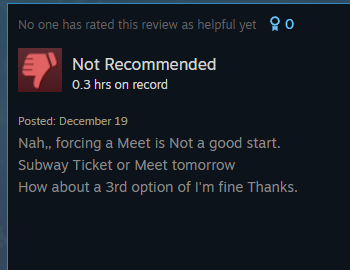 Ahhh, our first Steam review! What a big moment!

But I guess you can't please everyone. I hope you can find it in your heart to give our game more than 20 minutes of playtime!

tinyurl.com/m2ab4dkt
#otome #gamedev #steam