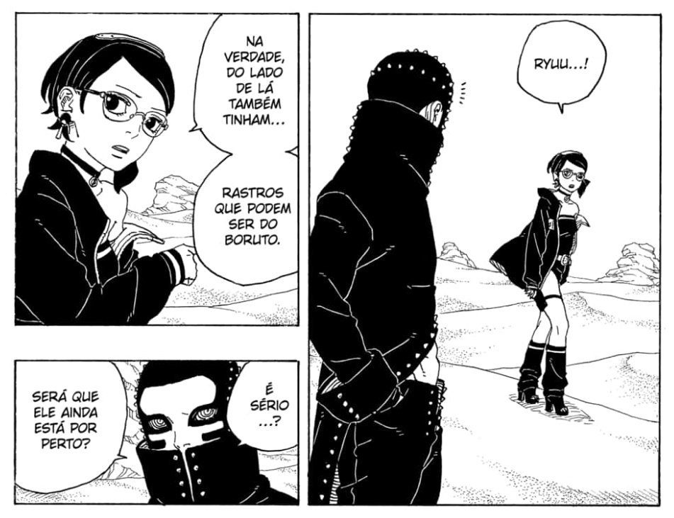 AboutSarada's tweet photo. Muitos painéis da nossa garota trabalhando, mesmo com seus pensamentos a rodeando, Sarada promete se focar na missão e atrai Riyu para se distanciar de Matsuri, o plano é manipular e atacar pelas costas, no geral.

#saradauchiha 
#Borutotwobluevortexchapter17 https://t.co/fE30Tn9UII