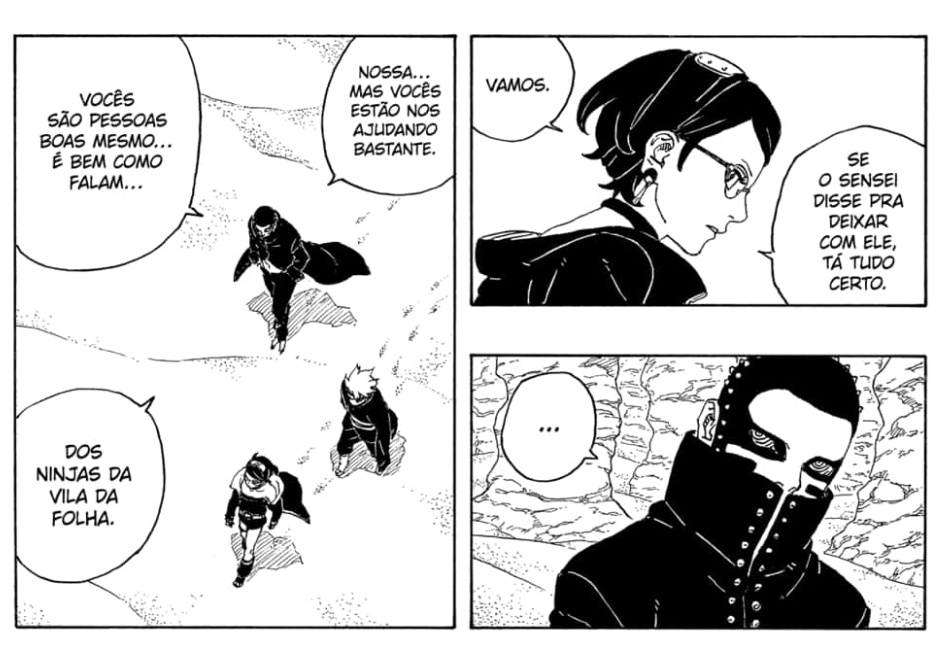 AboutSarada's tweet photo. Muitos painéis da nossa garota trabalhando, mesmo com seus pensamentos a rodeando, Sarada promete se focar na missão e atrai Riyu para se distanciar de Matsuri, o plano é manipular e atacar pelas costas, no geral.

#saradauchiha 
#Borutotwobluevortexchapter17 https://t.co/fE30Tn9UII