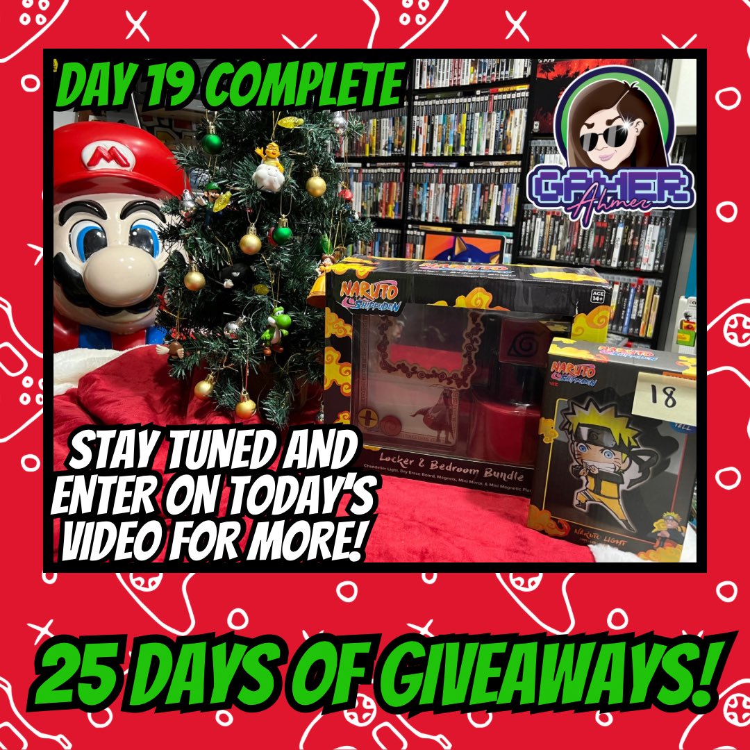 GamerAhmer's tweet photo. Day 19 has completed! Stay tuned for today’s short and be sure to comment for a chance to win! #videogames #games #gamerahmer #christmas #25daysofchristmas #25daysofgiveaways #giveaway #anime #naruto #retrogaming #nintendo #happyholidays https://t.co/Vx2G1NiCiK