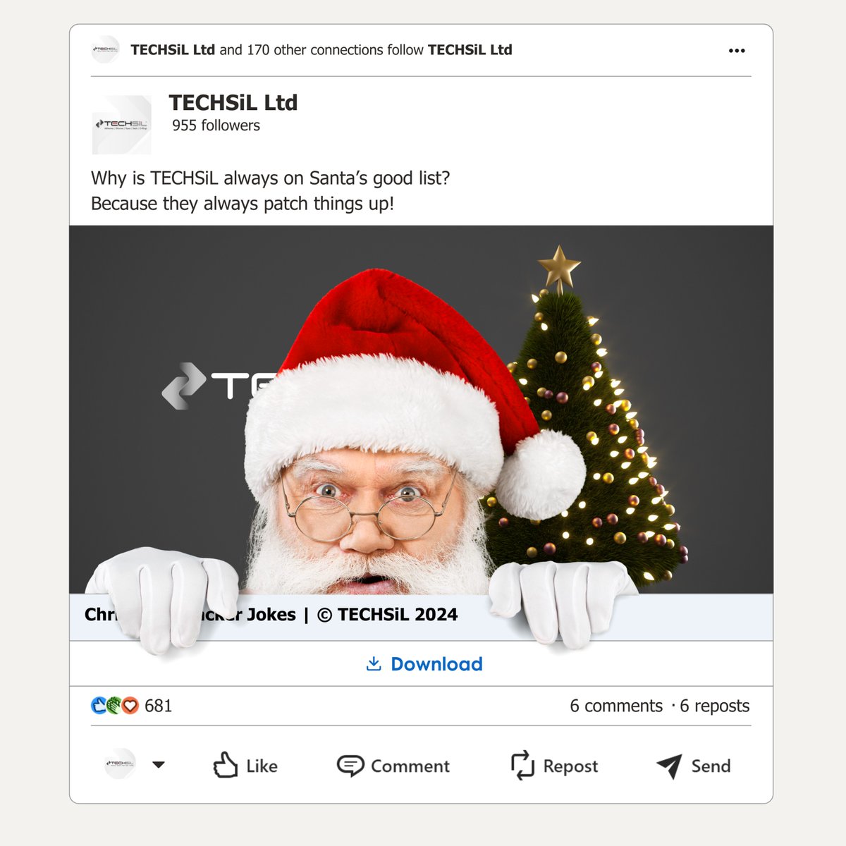 Techsil's tweet image. Why is TECHSiL always on Santa’s good list?
Because they always patch things up!
🌐techsil.co.uk
#christmacountdown #TECHSiL #christmasjokes