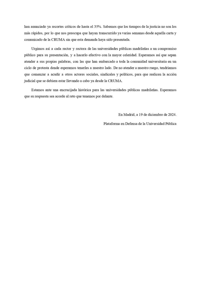 Carta a la CRUMA por parte de la Plataforma en Defensa de la Universidad Pública.