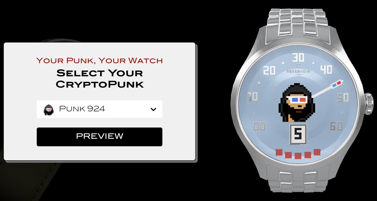 ReservoirWatch's tweet photo. @p_azuro Introducing RESERVOIR watch exclusive project for the CryptoPunks community: a personalized watch, uniquely designed to reflect your CryptoPunk! Your timepiece awaits. Find out more: https://t.co/rwDc27oq3f https://t.co/tIdmTWvfGj
