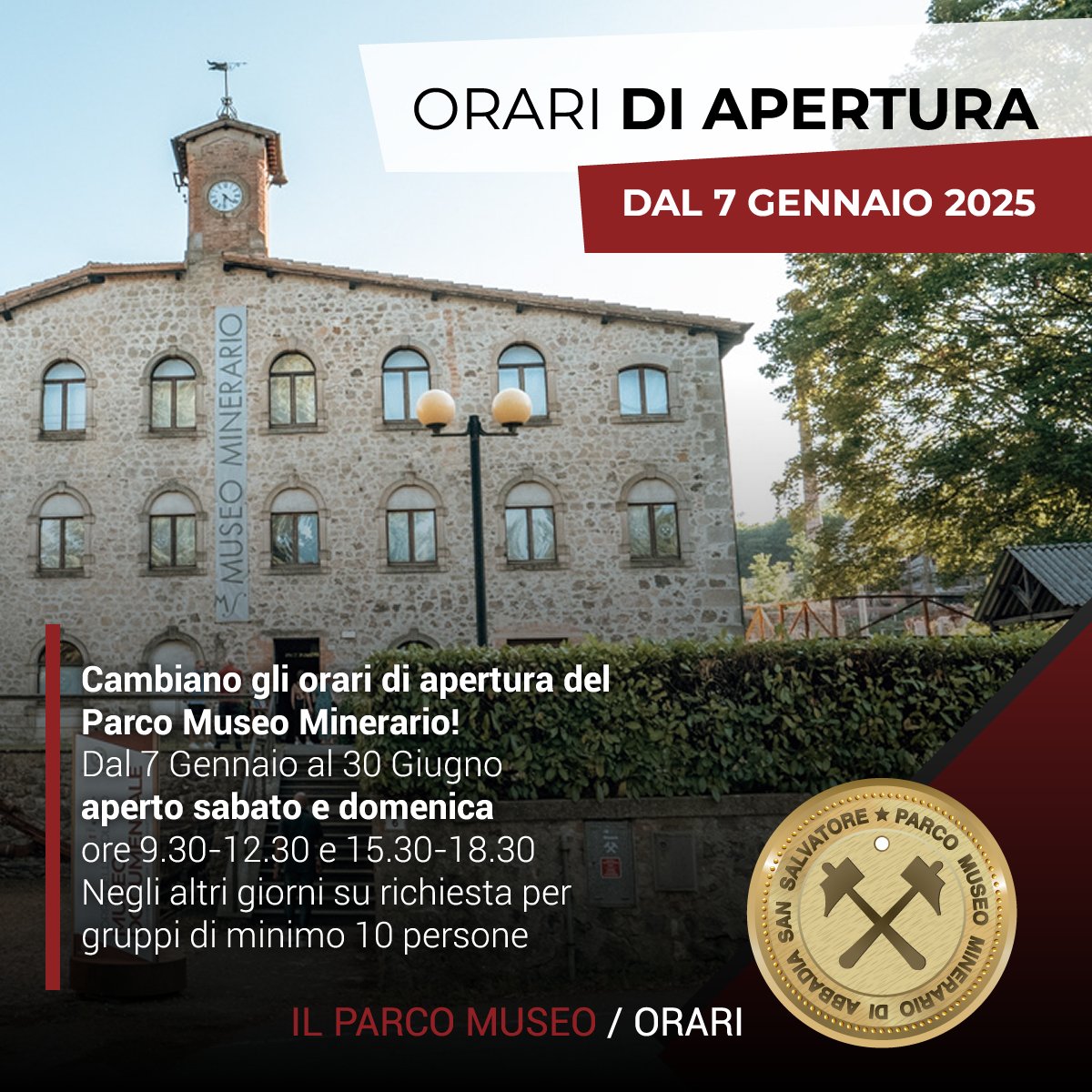 📅Nuovi #orari dal 7 #Gennaio al 30 Giugno: il Parco Museo Minerario resterà aperto il sabato e la domenica 9.30-12.30 e 15.30-18.30. 
✅Negli altri giorni su richiesta per gruppi di minimo 10 persone – Tel. 0577778324
#abbadiasansalvatore #terredisiena #musei #mercurio #miniera