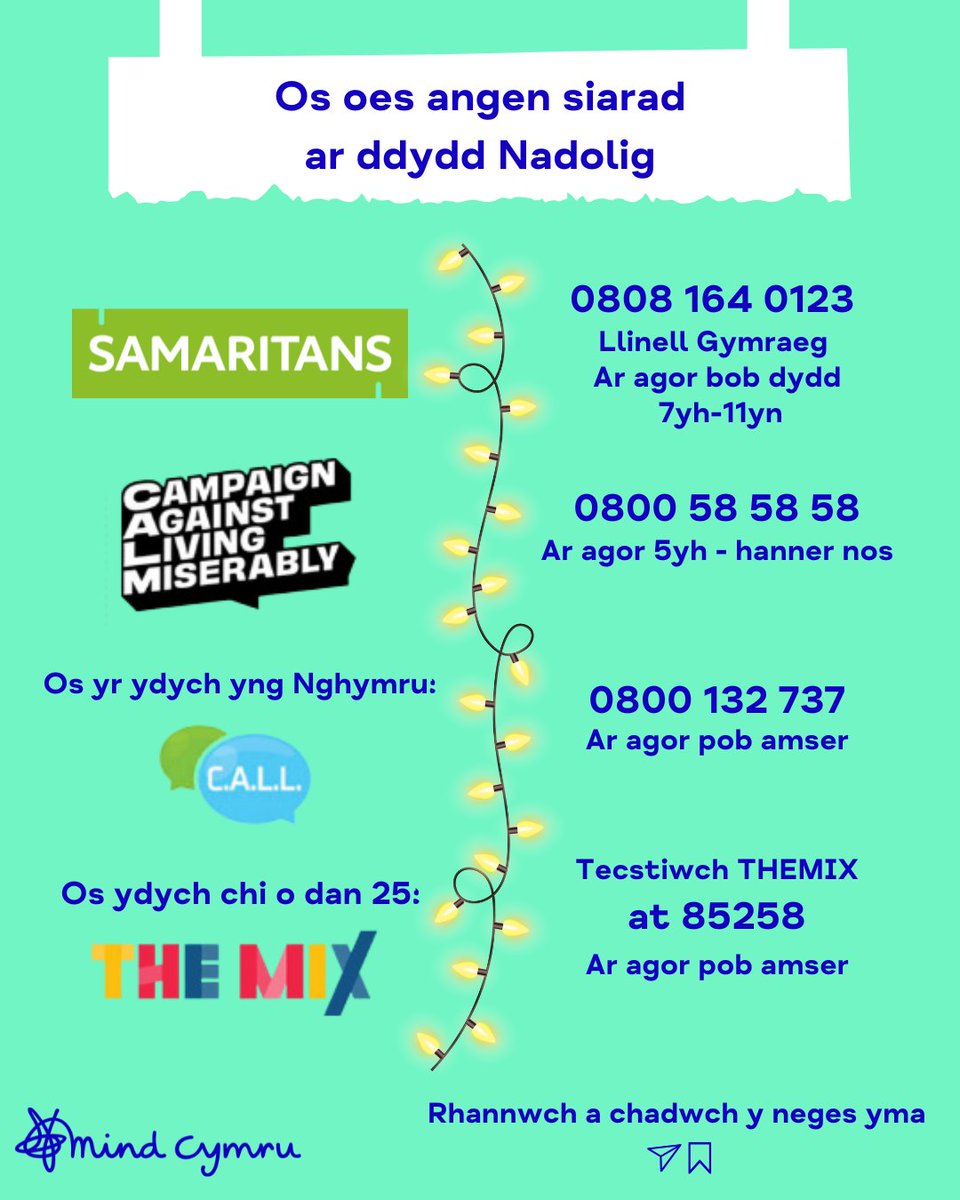 Nid ydych chi ar eich pen eich hun, ac mae yna bobl sy'n poeni'n fawr amdanoch chi a'r hyn rydych chi'n ei brofi, boed yn ddydd Nadolig neu unrhyw ddiwrnod arall. 

Os ydych chi angen rhywun i siarad â nhw, dyma rai opsiynau 💙