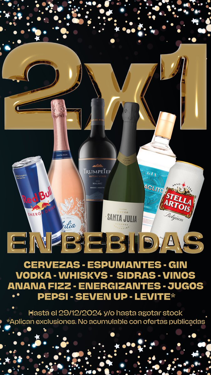 MicropackArg's tweet photo. 2x1 en bebidas en todos nuestros locales.
Además si venís antes del 24/12 podés pagar en 3 cuotas sin interés con tarjetas VISA O MASTERCARD de cualquier entidad bancaria 🤸🥳

Válida hasta el 29/12 y/o hasta agotar stock. Aplican exclusiones https://t.co/UxjBp8JjaZ