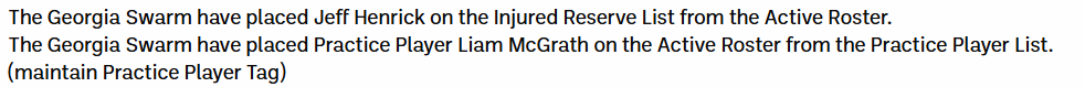 👀 <a href="/Liam_mcgrath32/">Liam Mcgrath</a> 

Liam (Hatchet Lake, NS) activated for Saturday nights <a href="/GeorgiaSwarmLAX/">Georgia Swarm Professional Lacrosse</a>  game against San Diego!

<a href="/Apace125/">Alex Pace</a> is in Vegas with his <a href="/NLLwings/">Philadelphia Wings</a> tonight!