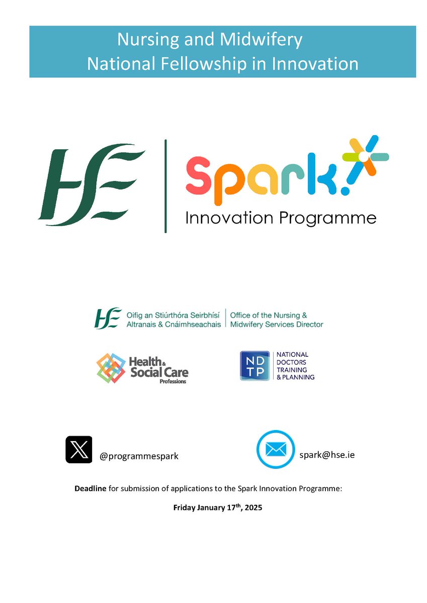 HSE is inviting applications for a Nursing/Midwifery Fellowship in Innovation commencing in 2025
Apply by Friday 17th January at 5pm:
healthservice.hse.ie/staff/spark-in…
This presents an exciting opportunity for a clinical nurse/midwife to develop their innovation and leadership skills