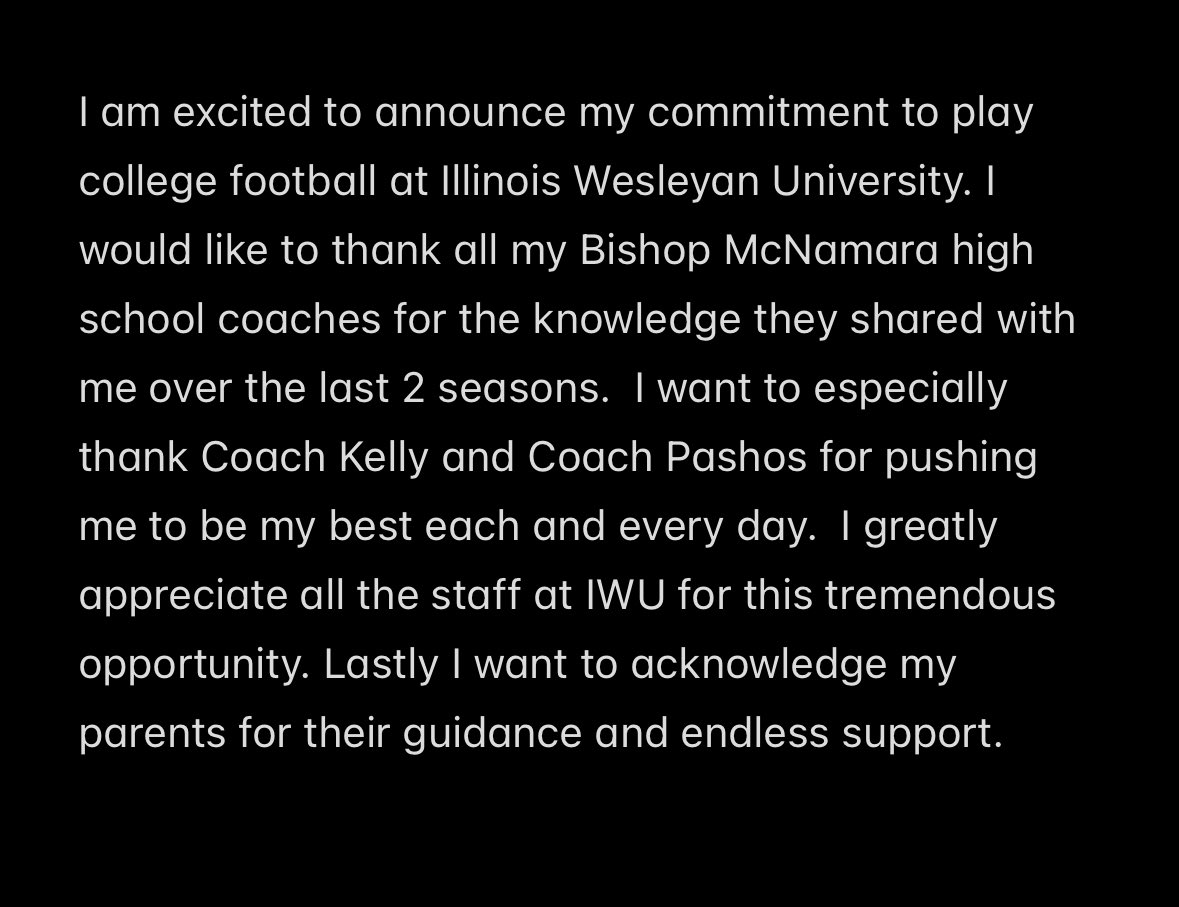 Max_Rohr64 (@max_rohr44) on Twitter photo Excited to announce my commitment to Illinois Wesleyan University. #AGTG <a href="/CoachYarosz/">Mike Yarosz</a> <a href="/IWUTitanFball/">ILLINOIS WESLEYAN FOOTBALL</a> <a href="/BigGreek79/">Tony Pashos</a> <a href="/IL_Wesleyan/">Illinois Wesleyan</a> <a href="/youngbloodgreg/">Greg Youngblood</a> <a href="/McNamaraAthlet1/">McNamara Athletics</a> <a href="/bmchsfootball/">Bishop McNamara Football</a> Excited to announce my commitment to Illinois Wesleyan University. #AGTG <a href="/CoachYarosz/">Mike Yarosz</a> <a href="/IWUTitanFball/">ILLINOIS WESLEYAN FOOTBALL</a> <a href="/BigGreek79/">Tony Pashos</a> <a href="/IL_Wesleyan/">Illinois Wesleyan</a> <a href="/youngbloodgreg/">Greg Youngblood</a> <a href="/McNamaraAthlet1/">McNamara Athletics</a> <a href="/bmchsfootball/">Bishop McNamara Football</a>